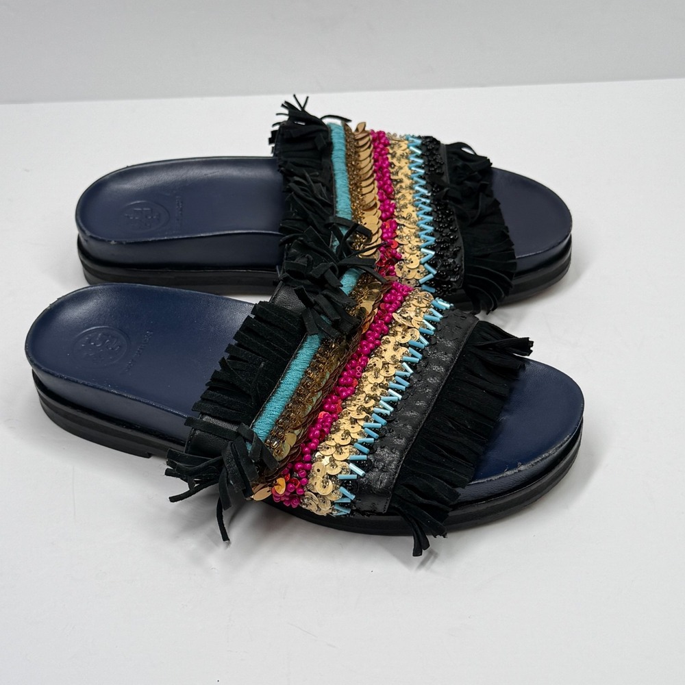 Tory Burch Isle Slide Sandals Embellished Fringe Black Leather Size 6.5M